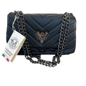 VALENTINO ORLANDI Black Quilted Handbag with Gun Metal Gray Chain Strap- New